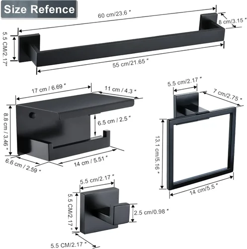 Miniatura 5 de Juego de 4 soportes para toallas de baño, juego de accesorios de baño de acero inoxidable, montaje en pared, 23.6 pulgadas Negro mate