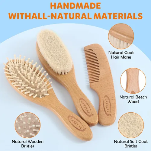 Miniatura 2 de Juego de cepillo y peine para el pelo del bebé, cepillo de madera orgánica con cerdas naturales de cabra de 3 piezas para recién nacidos y niños