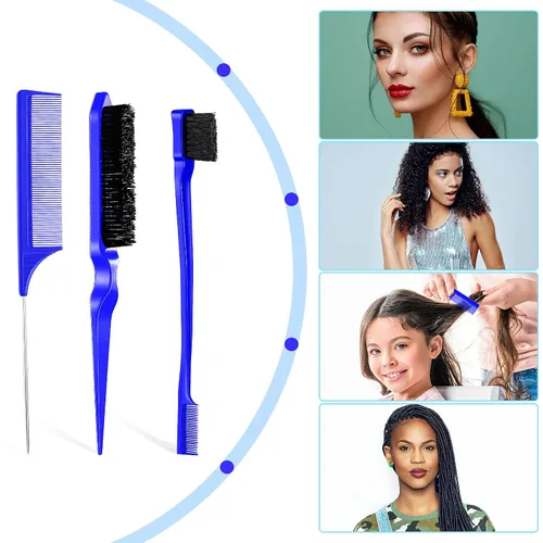 Miniatura 7 de Geiserailie Juego de 3 cepillos para el cabello con parte trasera lisa, cepillo de cerdas, control de bordes, peine para mujeres, cabello negro Azul