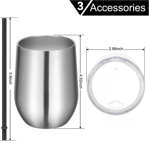 Miniatura 6 de VEGOND Vasos de Vino a Granel Paquete de 12, Vaso de Vino sin Tallo de Acero Inoxidable de 12oz con Tapas y Pajitas, Vaso Tumbler de Doble Pared