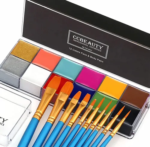 CCBeauty - Juego de pintura facial profesional en paleta a base de aceite, 12 colores, para fiesta de arte, Halloween, con 10 pinceles azules,