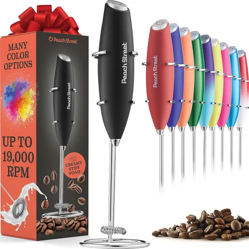 Potente espumador de leche de mano, mini varita espumadora de leche, mezclador de bebidas de acero inoxidable con pilas, soporte para espumador para