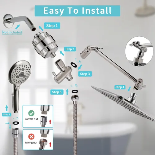 Miniatura 7 de Cabezal de ducha filtrado doble de 20 etapas de 10 pulgadas con mango, 6 configuraciones de rociado, cabezal de ducha de mano de alta presión, combo