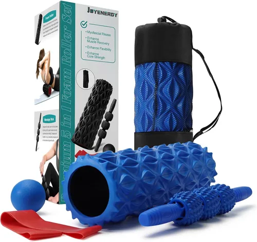 JOYENERGY Juego de rodillo de espuma 5 en 1, rodillo de espuma de punto de activación, palo de masaje, bola de masaje, correa de estiramiento para