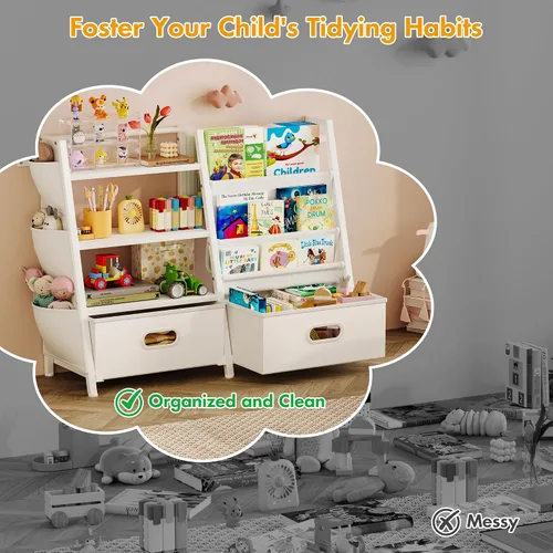 Miniatura 9 de Homeiju - Estantería para niños y organizador de almacenamiento de juguetes, estantería de 3 niveles para niños, estantería con bandeja y 2