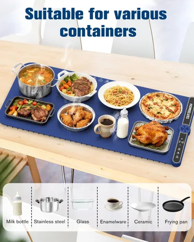 Miniatura 4 de Esterilla de Calentamiento de Alimentos Extra Grande, Bandeja Calentadora Eléctrica de Calentamiento Rápido con 9 Ajustes de Temperatura y Azul