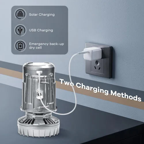Miniatura 4 de Linterna solar para campamento con ventilador y cargador de teléfono, energía recargable portátil para huracanes, emergencias, cortes de energía