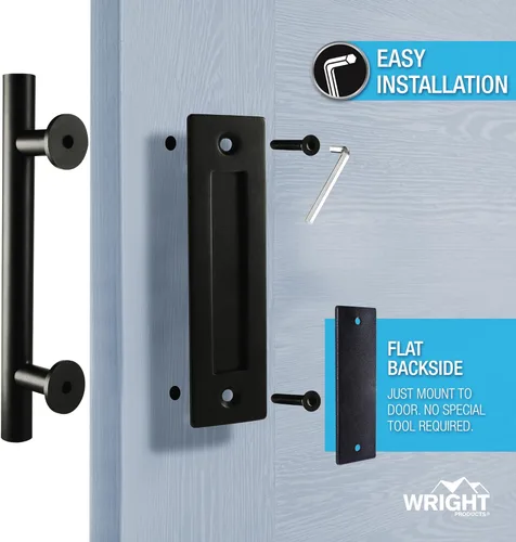 Miniatura 4 de Wright Products Juego de tiradores de puerta de granero y manijas montadas al ras – Juego de manijas de puerta interior negro mate para puertas
