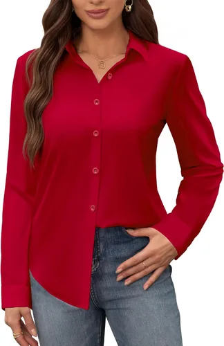 Miniatura 13 de Siliteelon - Camisas de vestir para mujer, a prueba de manchas, sin arrugas, de manga larga, sólidas, para trabajo y negocios, con botones