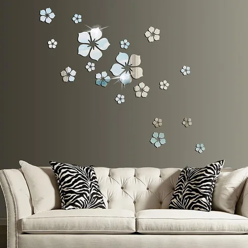 Adhesivo acrílico 3D para pared, diseño de flores plateadas, decoración de pared, calcomanías adhesivas removibles, arte floral, decoración de pared