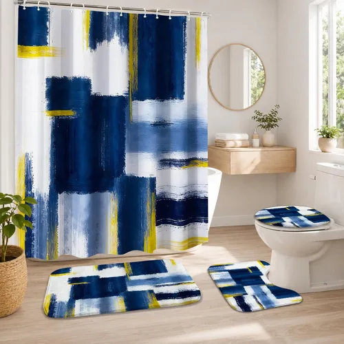 Miniatura 9 de Lnond 4 Piezas Juegos de Cortinas de Ducha de Baño Moradas con Alfombras, Arte de Pintura Púrpura y Gris Juegos de Baño con Cortina de Ducha