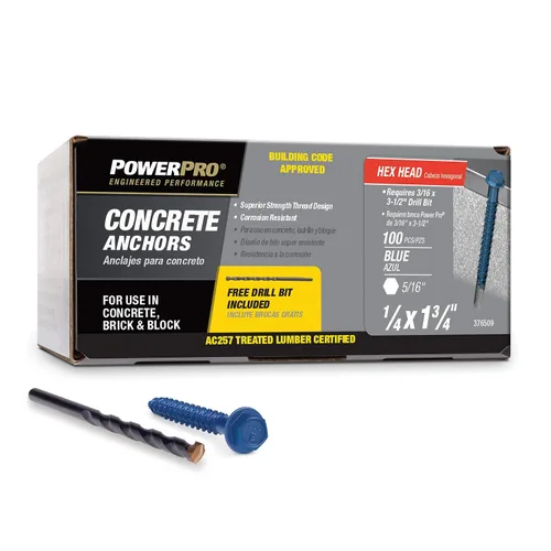 Miniatura 2 de Power Pro Anclajes de tornillo de hormigón con cabeza hexagonal azul (1/4" x 1-3/4") - 100 piezas