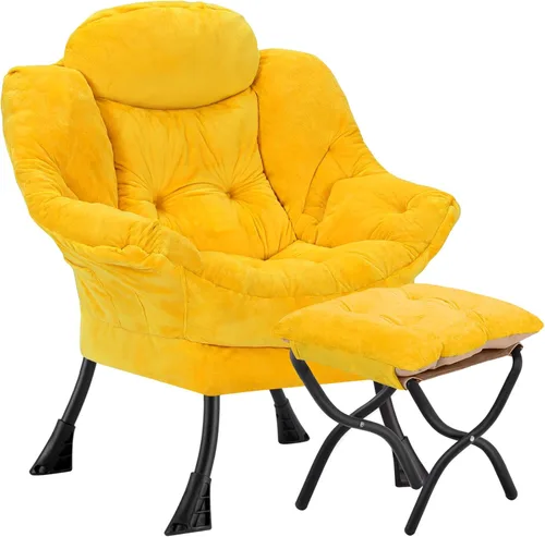 Miniatura 13 de Silla perezosa con otomana plegable, sofá de ocio, sillón de tela suave con reposabrazos y bolsillos laterales, silla de lectura con reposapiés