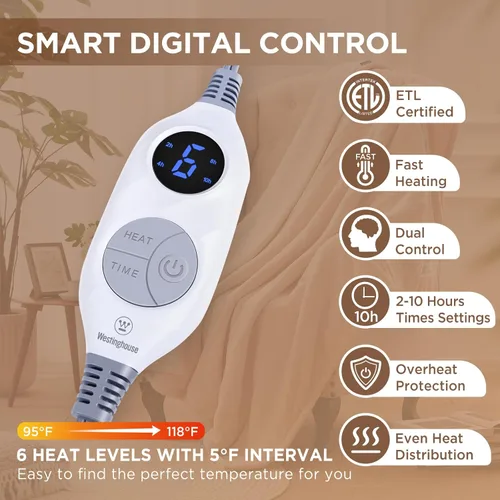 Miniatura 5 de Westinghouse - Manta eléctrica con calefacción, suave manta de franela a sherpa con 6 niveles de calefacción, configuración de tiempo de 2-10 horas