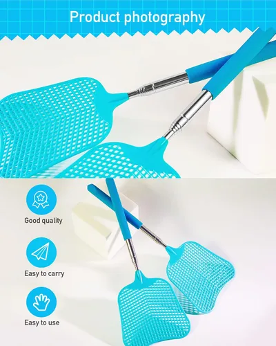 Miniatura 5 de Wapodeai Paquete de 2 matamoscas resistente, matamoscas telescópico, mango de acero inoxidable para matamoscas (azul)