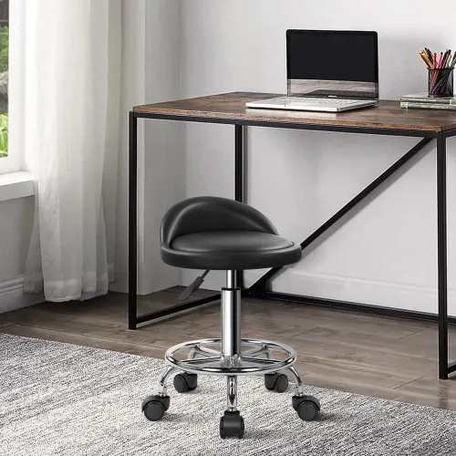 Miniatura 2 de KKTONER Taburete rodante redondo de cuero sintético con reposapiés, altura ajustable, giratoria, trabajo, spa, silla de tareas con ruedas (negro)