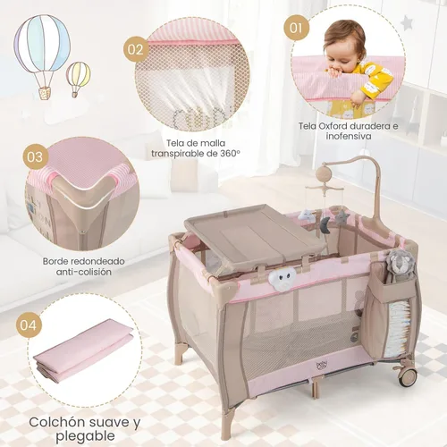 Miniatura 3 de Costzon 3 en 1 Rosa Pack and Play con Moisés, Corralito Portátil para Bebé con Mesa Cambiadora, Caja de Música, Juguetes Giratorios, Ruedas/Freno