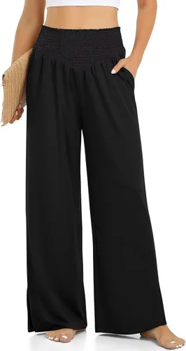 UEU Pantalones holgados casuales de pierna ancha para mujer, pantalones deportivos de yoga de cintura alta, pantalones palazzo con abertura lateral