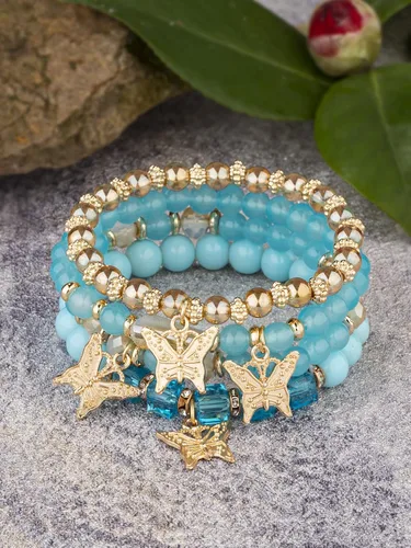 Miniatura 4 de Juego de pulseras con colgante de mariposa con cuentas de cristal bohemio, apilable, pulsera elástica apilable hecha a mano, multicapa colorida