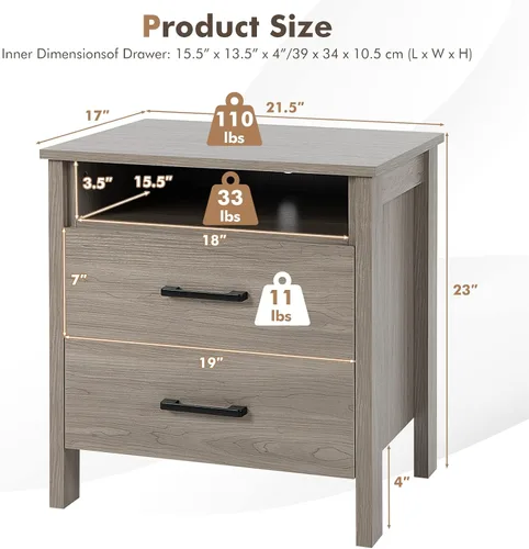 Miniatura 3 de Giantex Mesita de noche con 2 cajones, mesa auxiliar de madera con estante de almacenamiento abierto y agujero para cable, mesita de noche