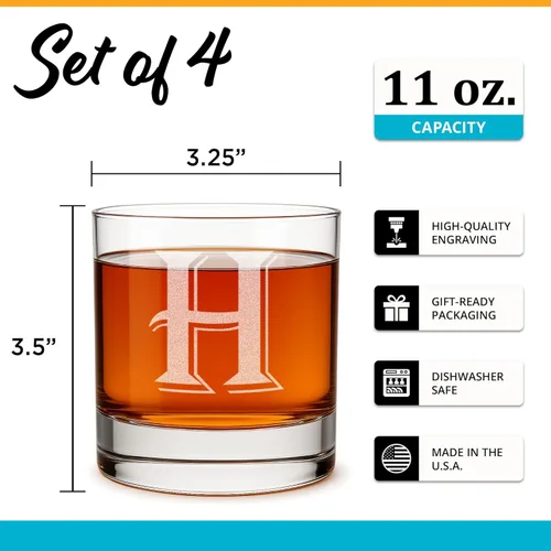 Miniatura 3 de On The Rox Drinks [Monograma H] – Juego de 4 piezas de vasos rocks de whisky bourbon de 11 onzas grabados con base pesada, cristal elegante