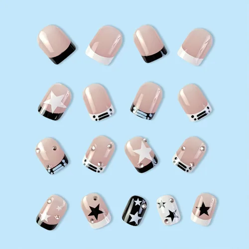 Miniatura 3 de Uñas postizas a presión con punta francesa, uñas postizas cuadradas cortas con diamantes de imitación de estrellas blancas y negras, diseño de uñas