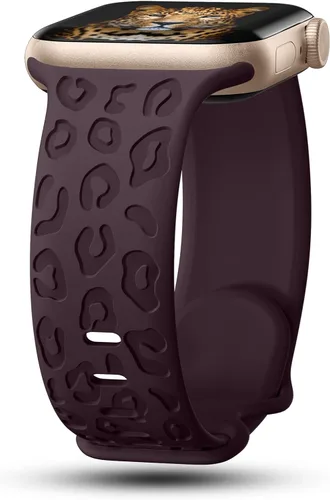 Miniatura 22 de CreateGreat Bandas Grabadas Compatibles con Apple Watch de 40mm 41mm 38mm 42mm 44mm 45mm 46mm 49mm, Correa de Silicona Suave con Patrón de Leopardo