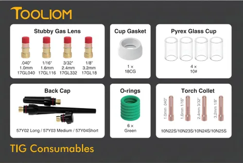 Miniatura 8 de TOOLIOM Kit de 22 piezas de accesorios para antorcha de soldadura TIG, lente de gas gruesa #10, copa de vidrio, tapa trasera para WP-17/18/26