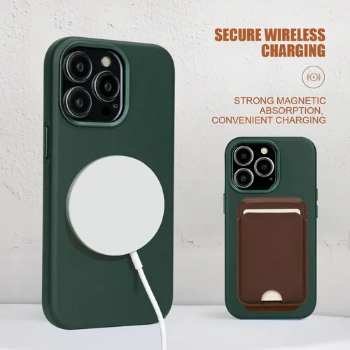 Miniatura 5 de Funda de cuero genuino para iPhone 13 Pro, cuero de grano completo, compatible con MagSafe y carga inalámbrica, bisel de la cámara con botones Verde