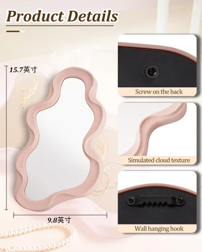 Miniatura 3 de Espejo de pared decorativo pequeño y funky – Diseño ondulado asimétrico rosa, espejo colgante para dormitorio, baño, entrada, forma moderna