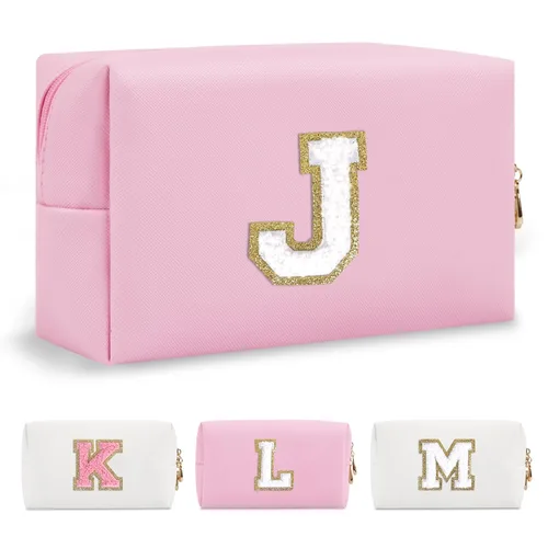 Miniatura 326 de Pequeña bolsa de maquillaje personalizada con inicial A-Z Preppy Patch, bolsa de cosméticos de viaje de felpilla blanca con cremallera, bonita bolsa