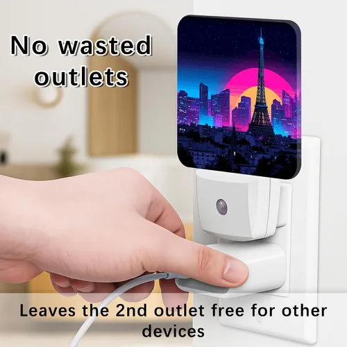 Miniatura 4 de Paris Tower Night Lights Plug Into Wall, Retro Futuristic City Skyline Sunset Summer Peach Dusk to Dawn Led Plug in Night Lights for Bathroom