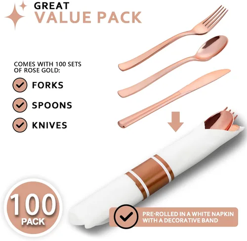 Miniatura 2 de Juego de 400 cubiertos de plástico de oro rosa preenrollado, cubiertos de oro rosa resistente, incluye 100 utensilios desechables envueltos con Oro