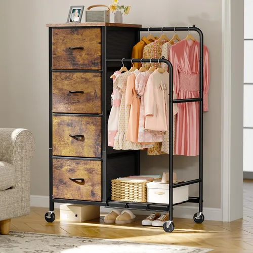 Miniatura 10 de Romorgniz Cómoda 3 en 1 con estante para colgar, 4 cajones de tela con doble perchero y ruedas, organizador alto de armario para dormitorio, Negro