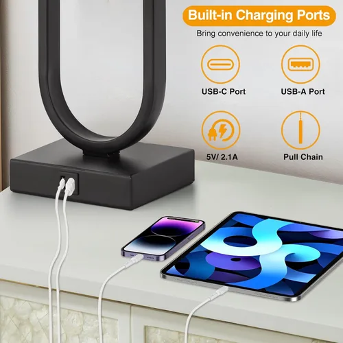 Miniatura 2 de Luvkczc Juego de 2 lámparas de mesita de noche con puertos USB C+A, lámpara de mesa de 24 pulgadas de alto con dos bombillas LED de 3000 K, pantalla