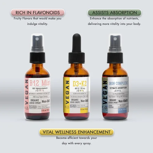 Miniatura 3 de Energy & Vitality Bundle - Trío de aerosol de vitaminas líquidas – B12 metilcobalamina, bisglicinato de hierro y D3 (Lichen) y K2 (MK4 y MK7), sin
