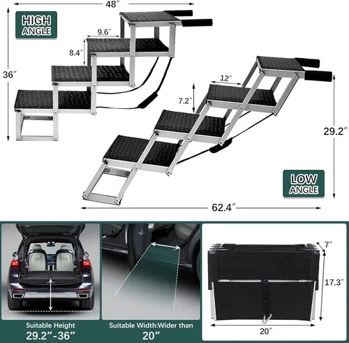 Miniatura 3 de Rampa para perros para automóvil, escalera extra ancha para perros grandes para automóvil, escalones para mascotas de aluminio ligero plegables