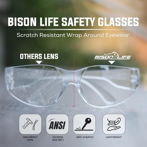 Miniatura 2 de BISON LIFE - Lentes de seguridad con protección envolvente resistente a arañazos, lente de policarbonato resistente a impactos ANSI Z87.1