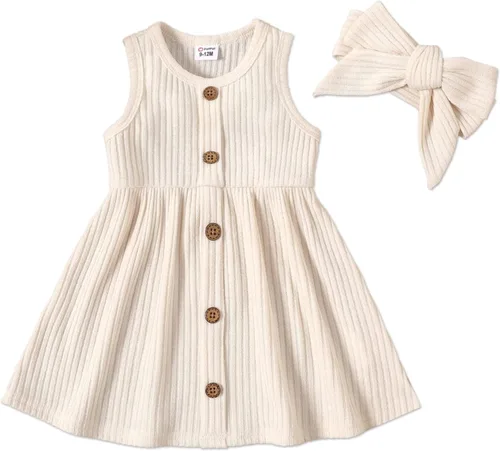 PATPAT Vestido de verano sin mangas para bebé, vestido liso de punto acanalado, falda sin mangas, vestido de verano con diadema