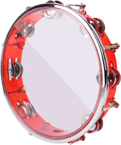 Pandereta ajustable roja de 10 pulgadas, tambor de instrumento de percusión musical con doble jingles de metal, pandereta de mano para adultos,