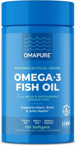 OMAPURE Suplementos de aceite de pescado con ácidos grasos Omega 3 (1 botella, 120 cápsulas blandas) - Pastillas de aceite de pescado con alto EPA,