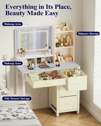 Miniatura 6 de Kitsure Escritorio de tocador con espejo y luces, tocador de maquillaje de gran capacidad con 4 cajones de almacenamiento de tela y 3 modos