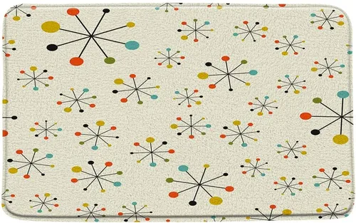 Alfombra de baño atómica de mediados de siglo, vintage, colorida, icónica, geométrica atómica, formas de estrellas, retro, de los años 50, alfombra