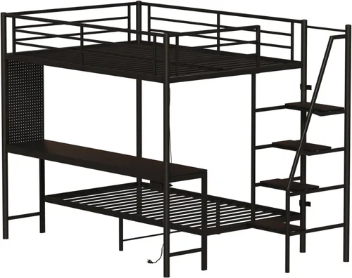 Miniatura 11 de KEIKI Litera Full sobre Twin con Estación de Carga, Cama Alta de Metal con Escritorio & Protector de Seguridad & Escaleras, Marco de Cama de Metal