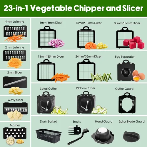 Miniatura 2 de Picador de verduras, cortador de 10 cuchillas para cortar cebolla, cortador de alimentos con mandolina vegetal Multi 23 en 1 para tomate fruta, Negro