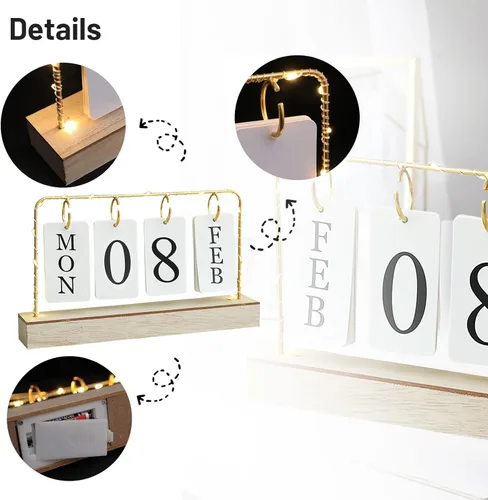 Miniatura 5 de Calendario perpetuo de madera abatible con soporte de metal dorado con papel calendario diario mensual con luz para la oficina diaria, decoración