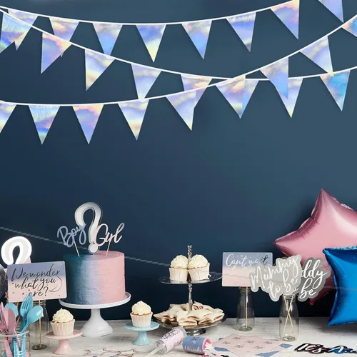 Miniatura 3 de Decoración de fiesta iridiscente de 33 pies, tela holográfica, banderín triangular, banderín de algodón, guirnalda de banderines para cumpleaños