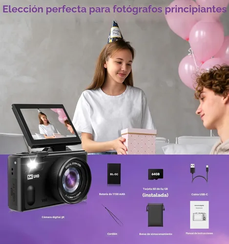 Miniatura 9 de Cámara digital 5K para fotografía, cámara digital de 80 MP con pantalla abatible de 3 pulgadas y 180° con zoom de 18X, tarjeta SD de 64 GB, cámara