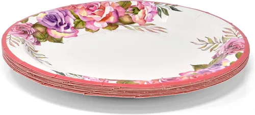 Miniatura 5 de Gift Boutique Juego de 96 piezas de suministros de fiesta de flores rosas y moradas, platos de papel, servilleta para niña, baby shower, té