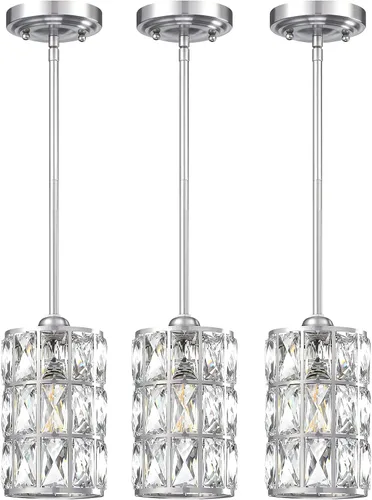 Paquete de 3 lámparas colgantes de isla de cocina de 5 pulgadas, lámpara colgante moderna con acabado de níquel cepillado con pantalla de cristal